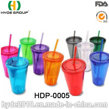 Venda al por mayor el vaso plástico de la pared doble de la alta quatity con la paja (HDP-0005)